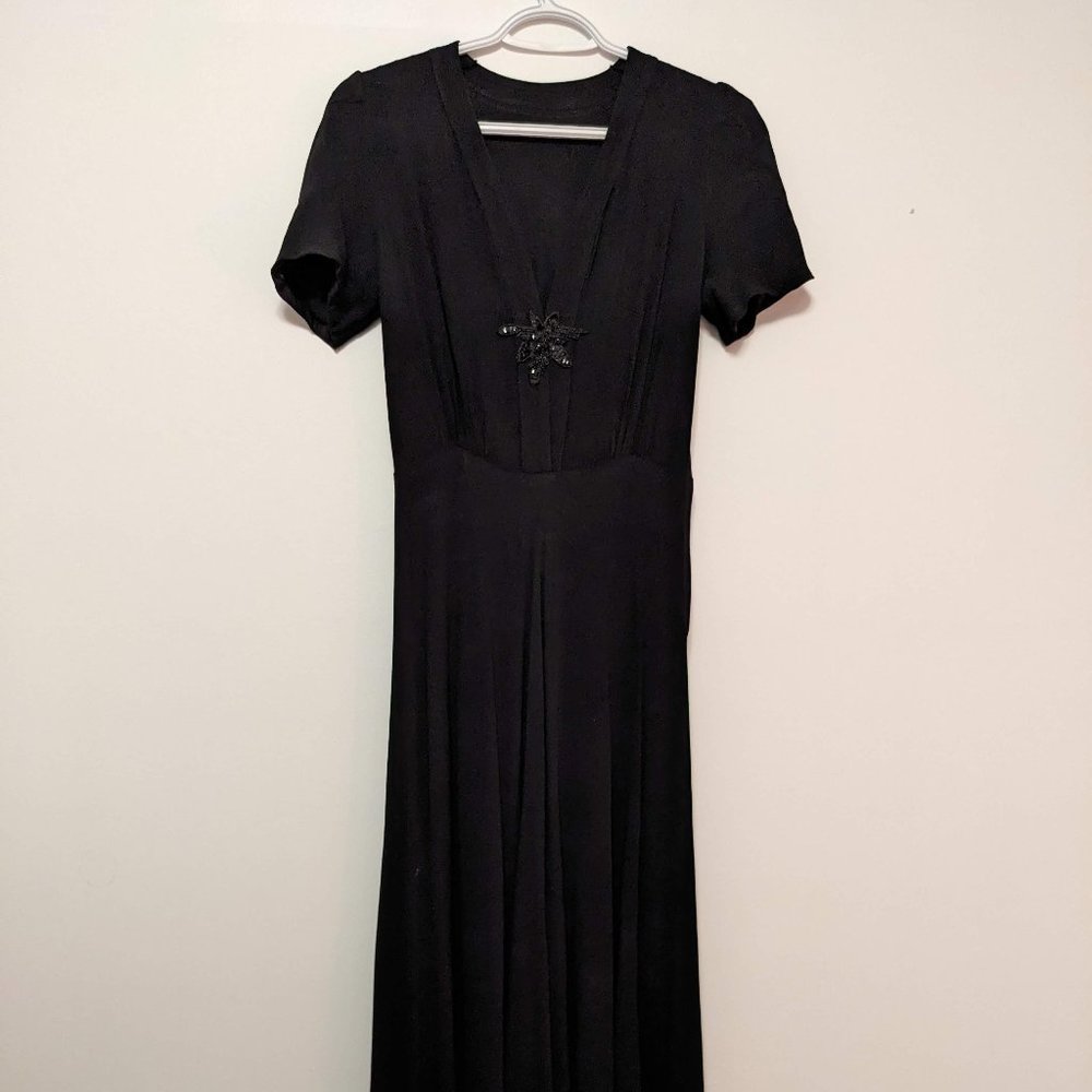 Vintage Long Black Dress with Sequined Applique